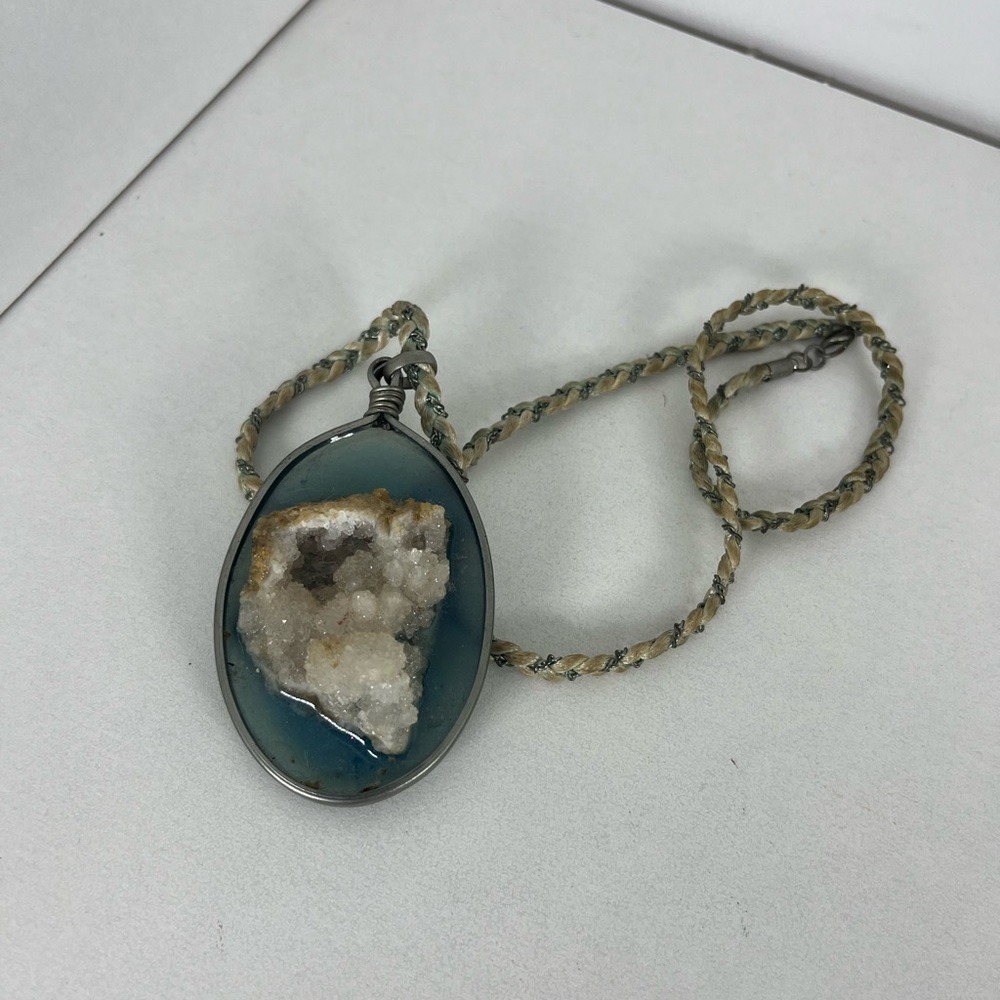 Handcrafted Blue Resin Geode Pendant Statement Necklace Braided Rope Cord Boho